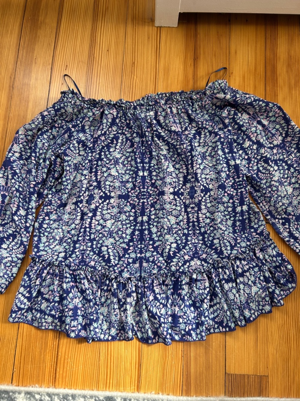 Rebecca Taylor Navy Floral Off-Shoulder Peasant Top